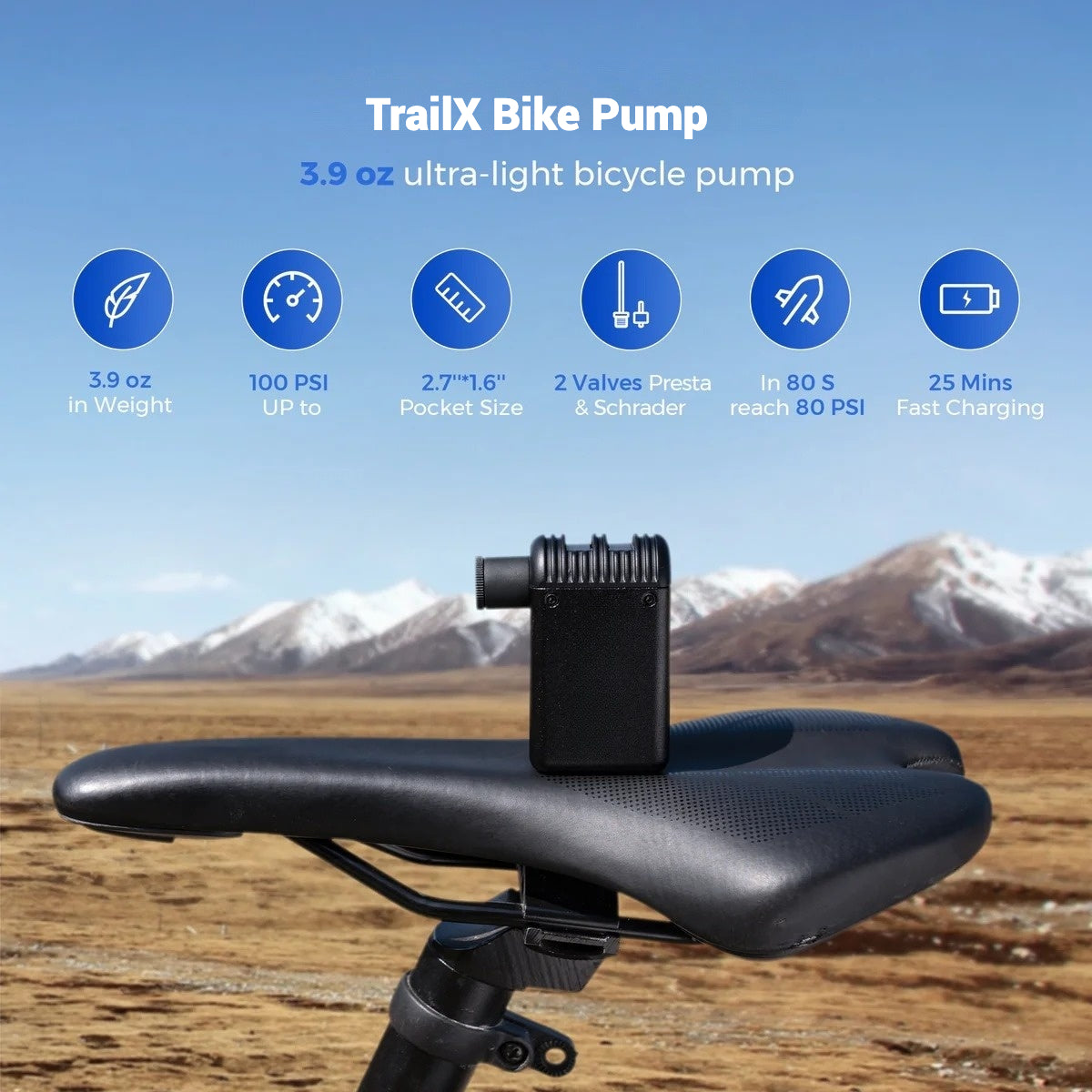 TrailX BIKE PUMP - Ultra-Mini 100PSI Rechargeable Bicycle Pump